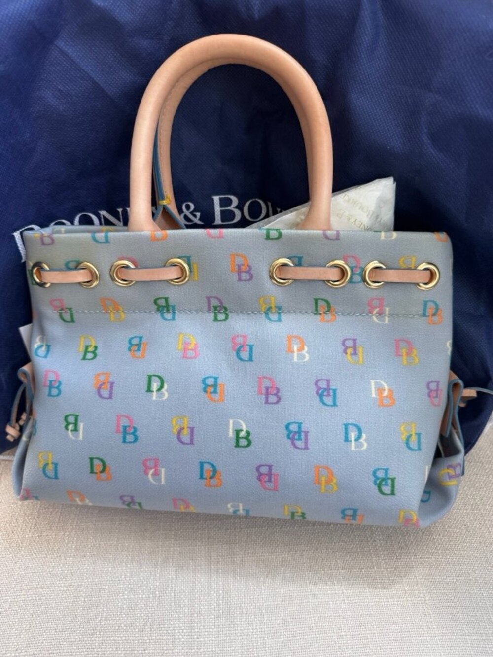 VTG NWT Dooney & Bourke Y2K Blue Rainbow Monogram Satchel Vachetta Leather Trim - Picture 9 of 16